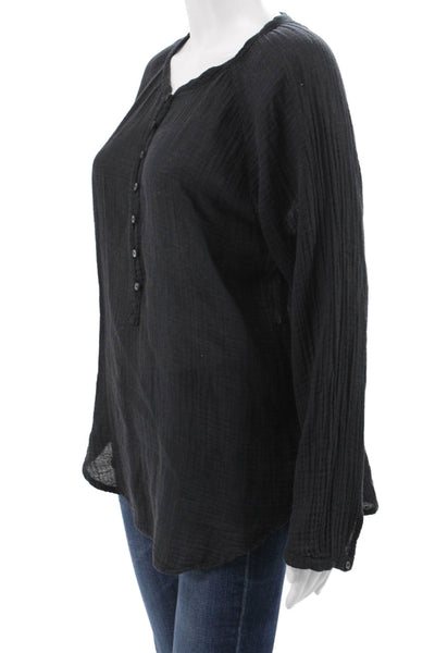 Xirena Women Black Henley Long Sleeve Blouse Basic Cotton Size S