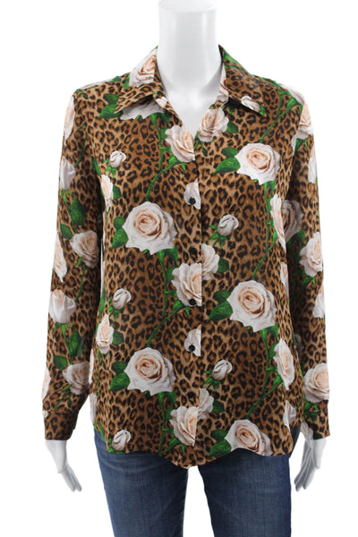 L'Agence Women Brown Silk Animal Print Collar Button-Up Long-Sleeve Size S