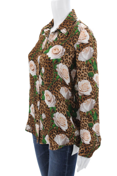 L'Agence Women Brown Silk Animal Print Collar Button-Up Long-Sleeve Size S