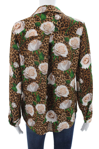 L'Agence Women Brown Silk Animal Print Collar Button-Up Long-Sleeve Size S