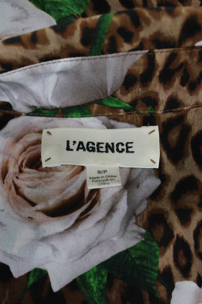 L'Agence Women Brown Silk Animal Print Collar Button-Up Long-Sleeve Size S