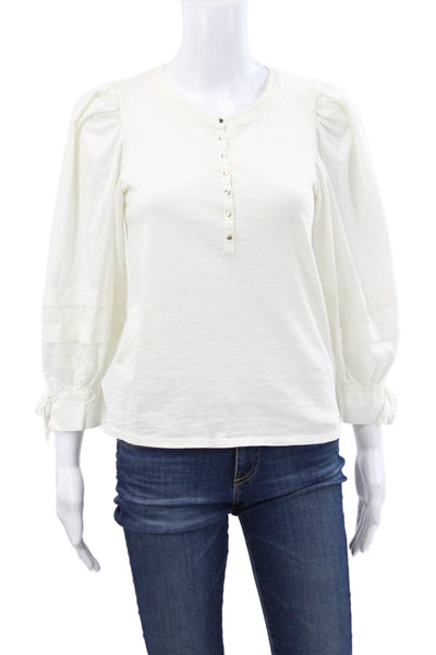 Nation LTD Women Basic White Cotton Henley Button 3/4 Sleeve Blouse Size XS