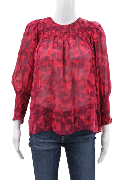 Joie Women Silk Floral Blouse Button Round Neck 3/4 Sleeve Red Size 2XS