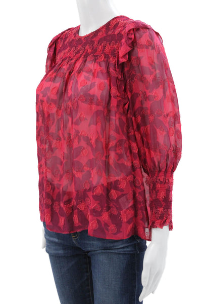 Joie Women Silk Floral Blouse Button Round Neck 3/4 Sleeve Red Size 2XS