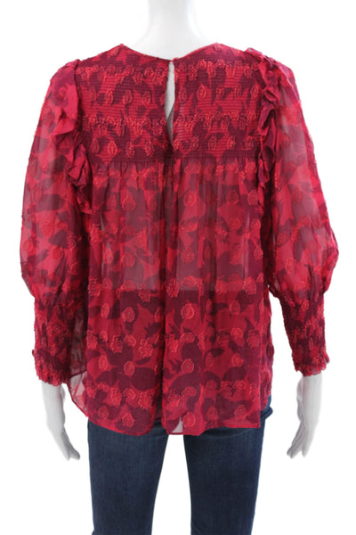 Joie Women Silk Floral Blouse Button Round Neck 3/4 Sleeve Red Size 2XS