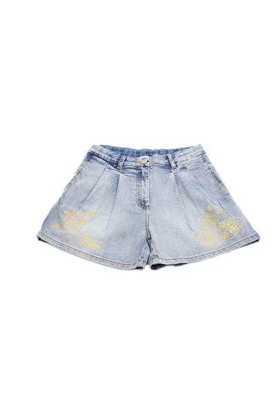 Monnalisa Girls Zipper Fly Metallic Rose Denim Shorts Blue Size 12