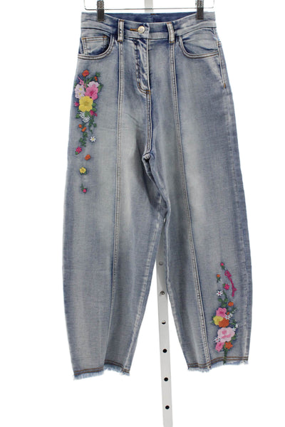 Monnalisa Girls Zipper Fly Straight Leg Fringe Floral Embroidered Jeans Blue 12