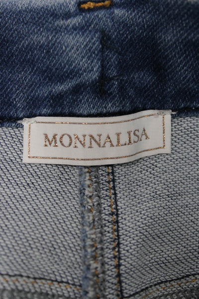 Monnalisa Girls Zipper Fly Straight Leg Fringe Floral Embroidered Jeans Blue 12