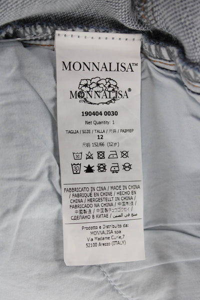 Monnalisa Girls Zipper Fly Straight Leg Fringe Floral Embroidered Jeans Blue 12