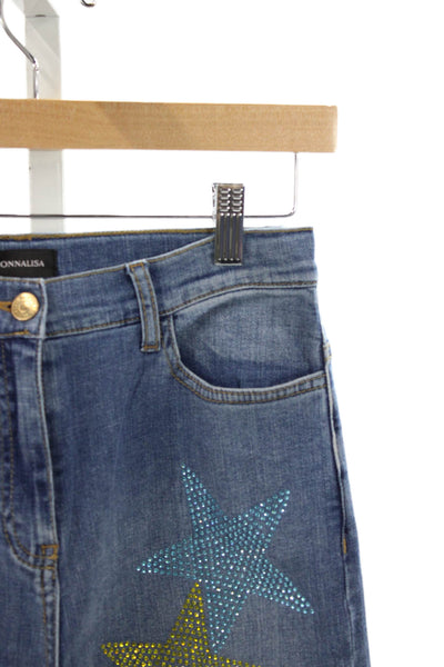 Monnalisa Girls Zipper Fly Straight Leg Rhinestone Jeans Blue Red Size 12