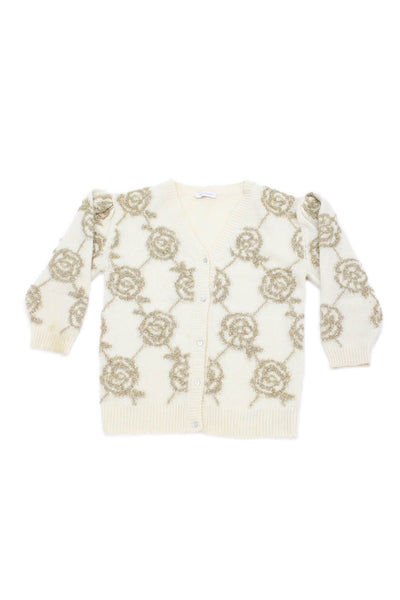 Monnalisa Girls Button Front V Neck Metallic Floral Cardigan Sweater White 10
