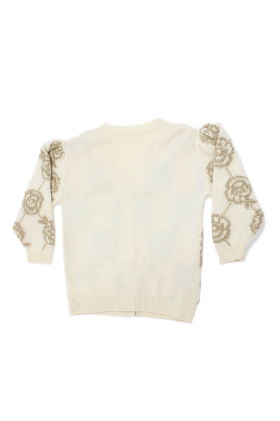 Monnalisa Girls Button Front V Neck Metallic Floral Cardigan Sweater White 10