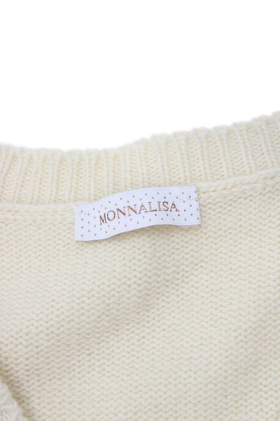 Monnalisa Girls Button Front V Neck Metallic Floral Cardigan Sweater White 10