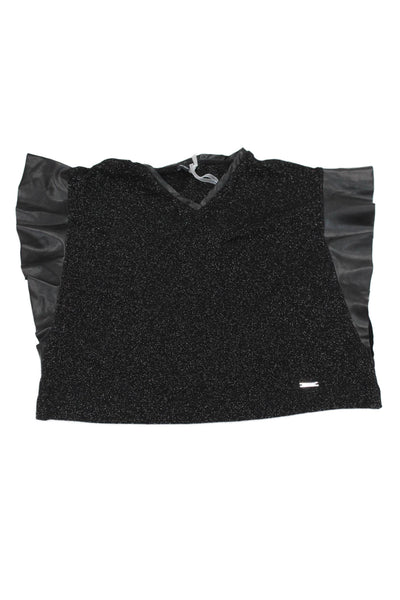 Monnalisa Girls Ruffled Short Sleeve Metallic Knit V Neck Top Black Size 12