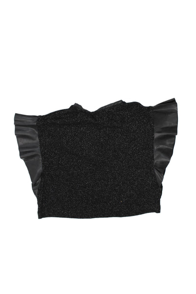 Monnalisa Girls Ruffled Short Sleeve Metallic Knit V Neck Top Black Size 12