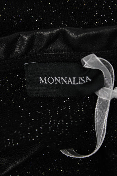 Monnalisa Girls Ruffled Short Sleeve Metallic Knit V Neck Top Black Size 12