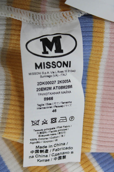 M Missoni Women White Striped Scoop Neck Basic Tank 100% Cotton Size 46