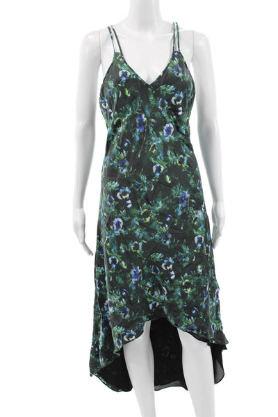 Haute Hippie Womens Slip Dress Black Silk V-Neck Mid-Calf Floral Size M