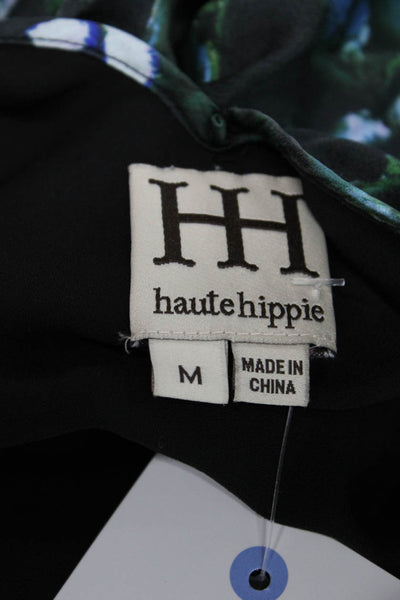 Haute Hippie Womens Slip Dress Black Silk V-Neck Mid-Calf Floral Size M