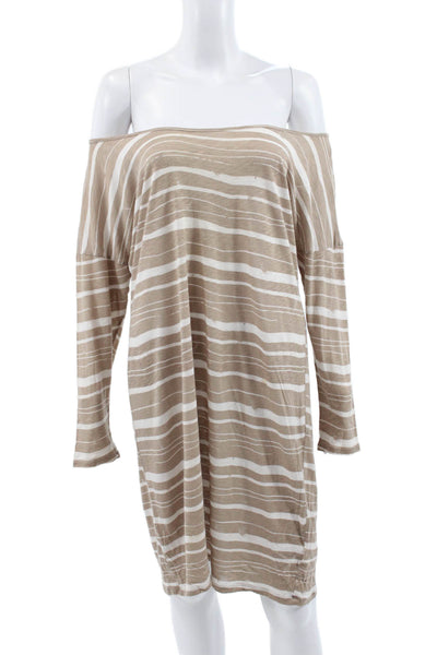 Velvet Women Beige Striped Off Shoulder Long Sleeve Shift Dress Size L