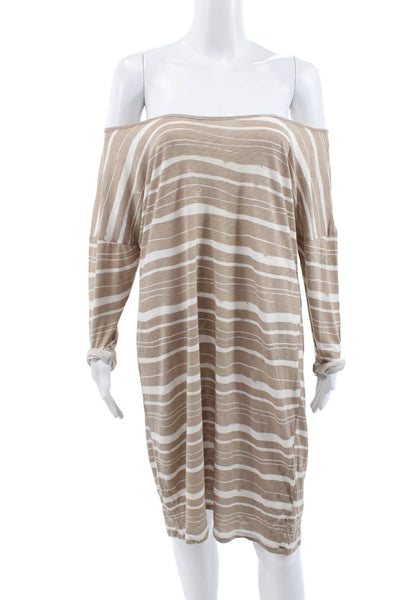 Velvet Women Beige Striped Off Shoulder Long Sleeve Shift Dress Size L