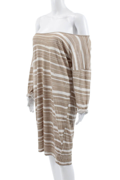 Velvet Women Beige Striped Off Shoulder Long Sleeve Shift Dress Size L