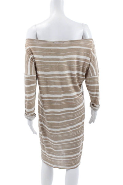 Velvet Women Beige Striped Off Shoulder Long Sleeve Shift Dress Size L