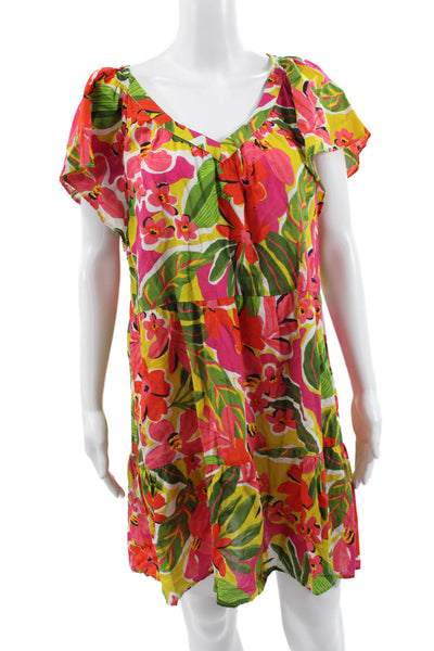Velvet Womens Trapeze Swing Floral Multicolor Cotton V-Neck Short Dress Size L