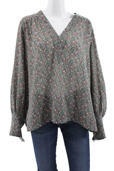 Ganni Womens Floral V-Neck Pullover Long Sleeve Basic Blouse Multicolor Size 42