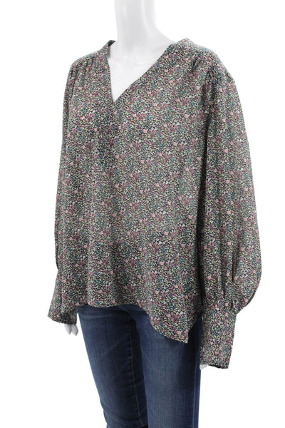 Ganni Womens Floral V-Neck Pullover Long Sleeve Basic Blouse Multicolor Size 42