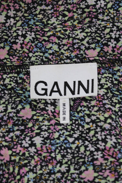 Ganni Womens Floral V-Neck Pullover Long Sleeve Basic Blouse Multicolor Size 42