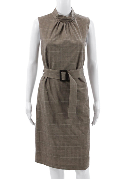 Michael Michael Kors Women Sheath Plaid Sleeveless Mock Neck Brown Dress Size 6