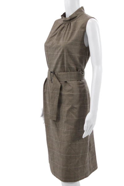 Michael Michael Kors Women Sheath Plaid Sleeveless Mock Neck Brown Dress Size 6