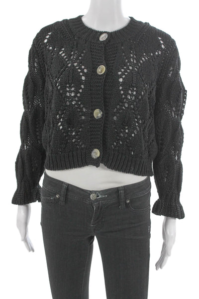 Ba&Sh Women Black Geometric Cotton Cardigan Round Neck Long Sleeve Size 1