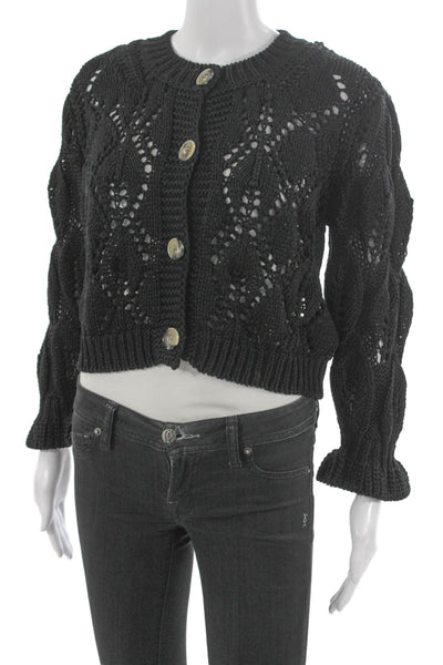 Ba&Sh Women Black Geometric Cotton Cardigan Round Neck Long Sleeve Size 1