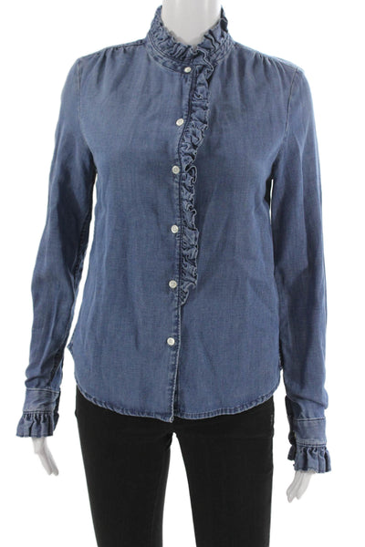 Frame Women Collared Blue Long Sleeve Blouse Basic Tencel Linen Size XS