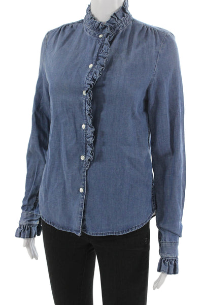 Frame Women Collared Blue Long Sleeve Blouse Basic Tencel Linen Size XS