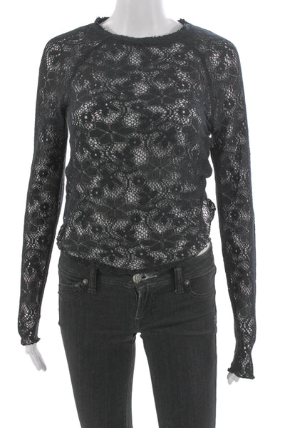 Free People Women Black Floral Round Neck Long Sleeve Blouse Size XS