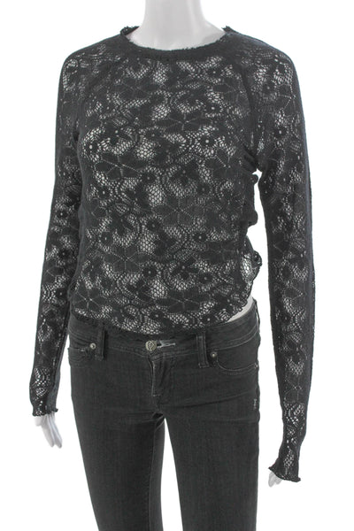 Free People Women Black Floral Round Neck Long Sleeve Blouse Size XS