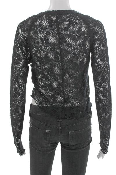 Free People Women Black Floral Round Neck Long Sleeve Blouse Size XS