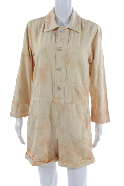 Amo Womens Romper Beige Tie Dye Collared Long Sleeve Button Cotton Size XS
