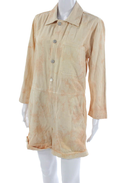Amo Womens Romper Beige Tie Dye Collared Long Sleeve Button Cotton Size XS