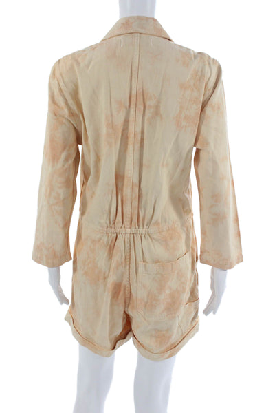 Amo Womens Romper Beige Tie Dye Collared Long Sleeve Button Cotton Size XS