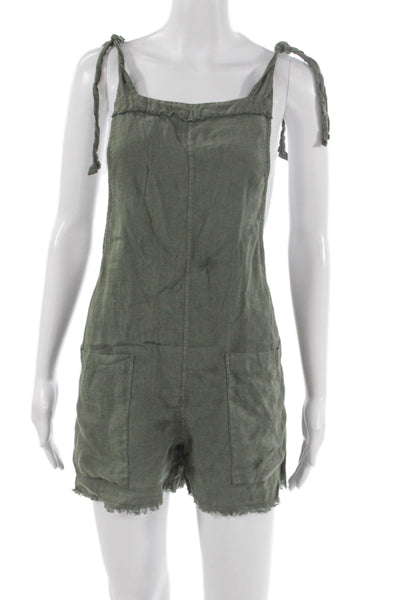 9seed Womens Linen Square Neck Tie Romper Sleeveless Green Petite Size S