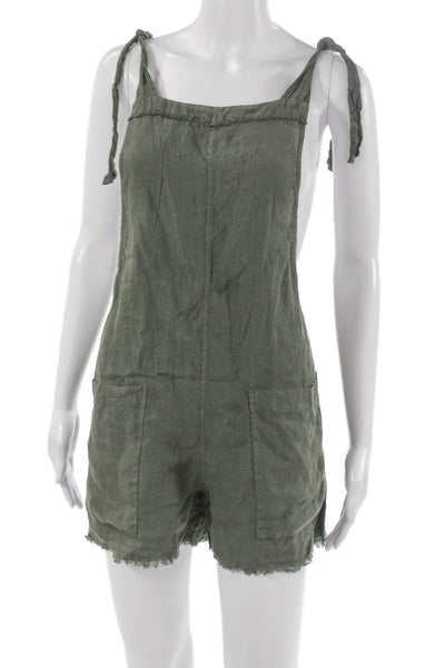 9seed Womens Linen Square Neck Tie Romper Sleeveless Green Petite Size S