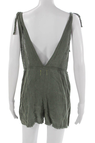 9seed Womens Linen Square Neck Tie Romper Sleeveless Green Petite Size S