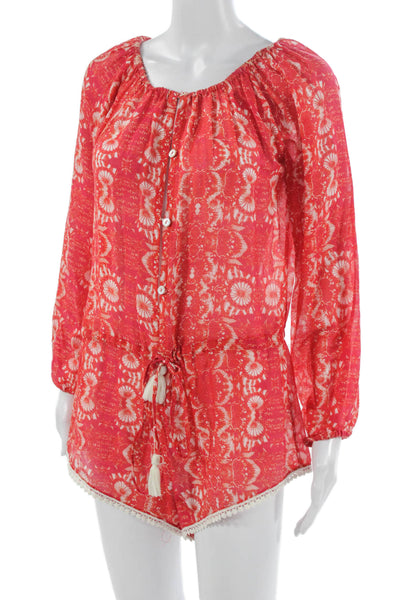 Taj By Sabrina Grippa Womens Red Off Shoulder Floral Romper Long Sleeve Size XS