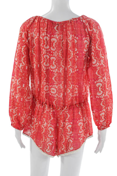 Taj By Sabrina Grippa Womens Red Off Shoulder Floral Romper Long Sleeve Size XS