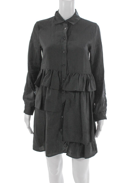 Zara Womens Shirt Dress Gray Lyocell Collared Long Sleeve Button Short Size XS