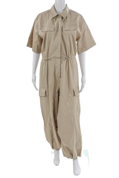 Zara Womens Collared Short Sleeve Beige Jumpsuit Cotton Size S